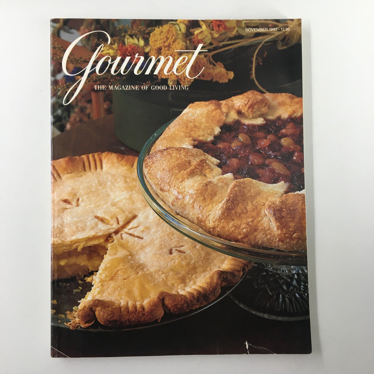 Cover of Gourmet Magazine November 1993 featuring Ohio Shaker Lemon Pie and Cranberry Raisin Pie on a decorative table setting.
