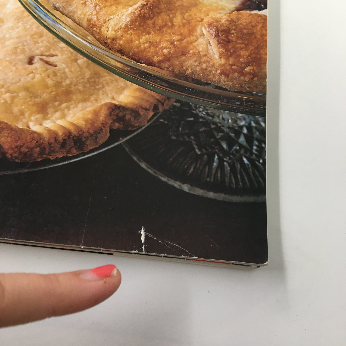 Side view of Gourmet Magazine November 1993, highlighting damage on the lower corner alongside the Ohio Shaker Lemon Pie and Cranberry Raisin Pie.