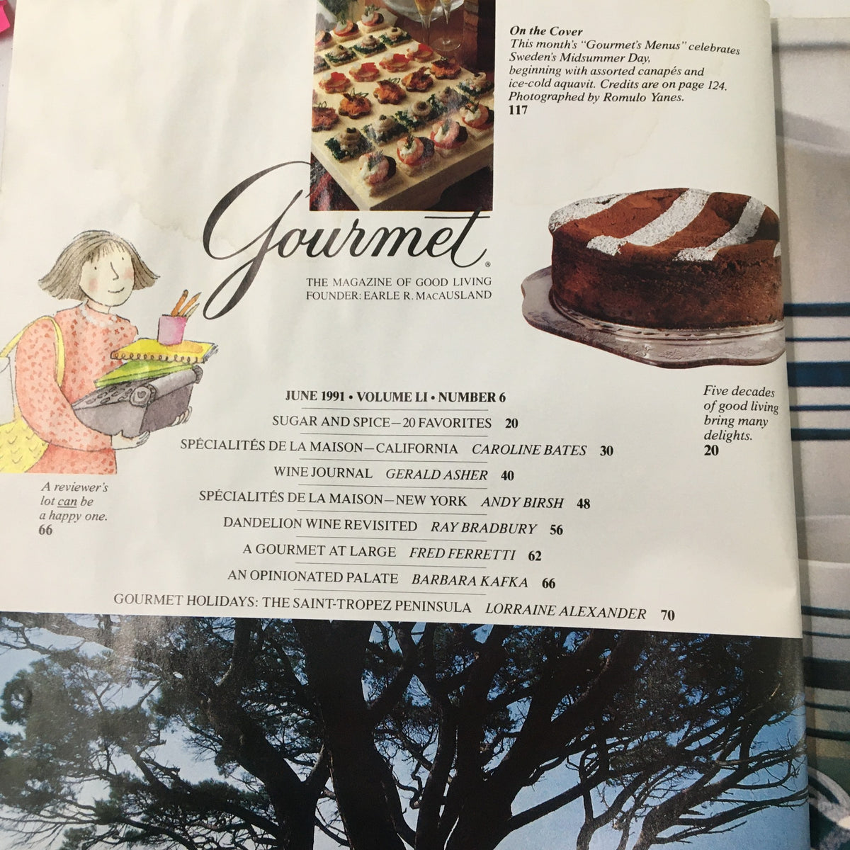 Cover page of Gourmet Magazine June 1991, highlighting the magazine's theme with illustrations and including a section about the Saint-Tropez Peninsula holidays, emphasizing gourmet cuisine and vibrant food photography.