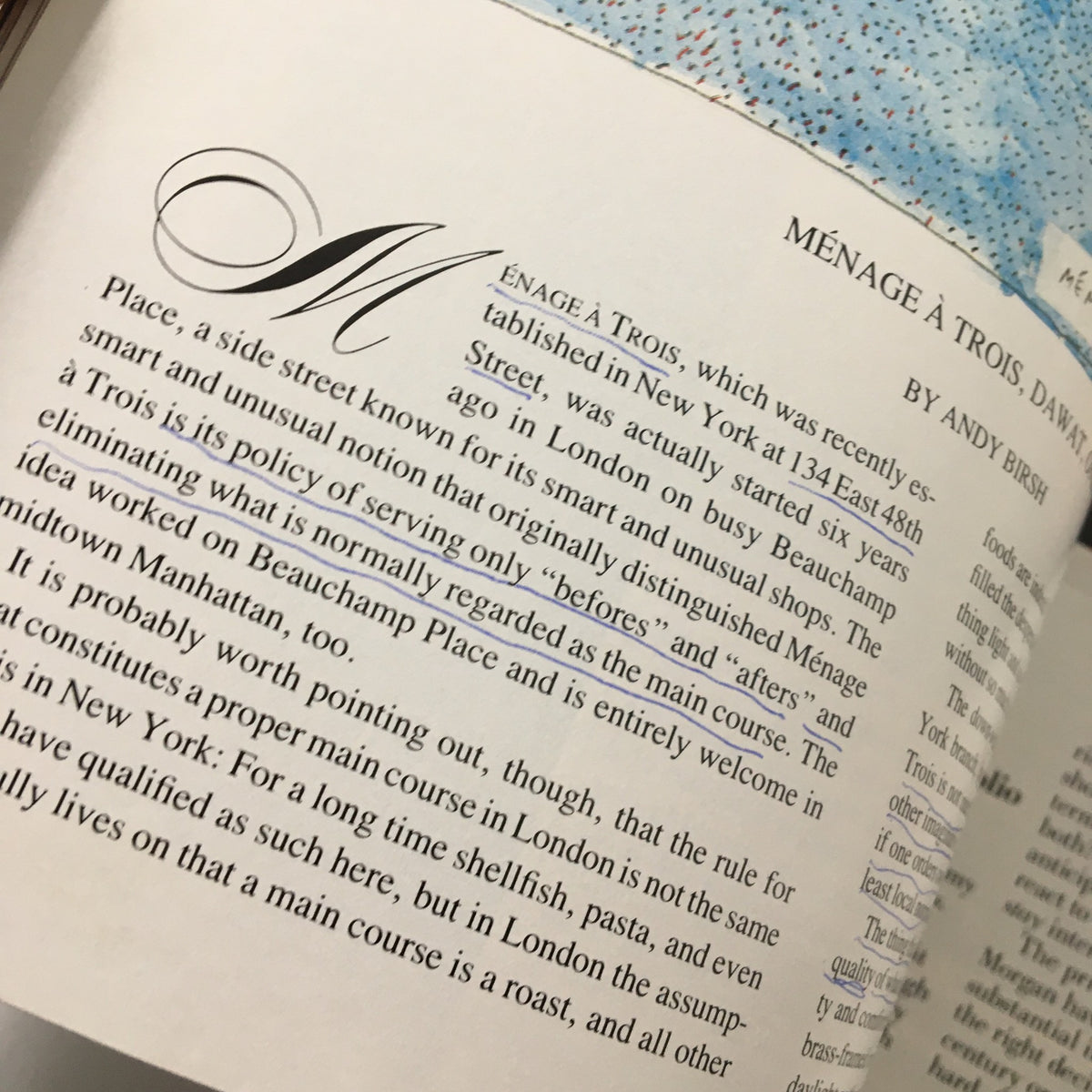 Close-up of text from VTG Gourmet Magazine July 1987 discussing the restaurant Menage à Trois, emphasizing unique dining concepts and culinary trends of the time.