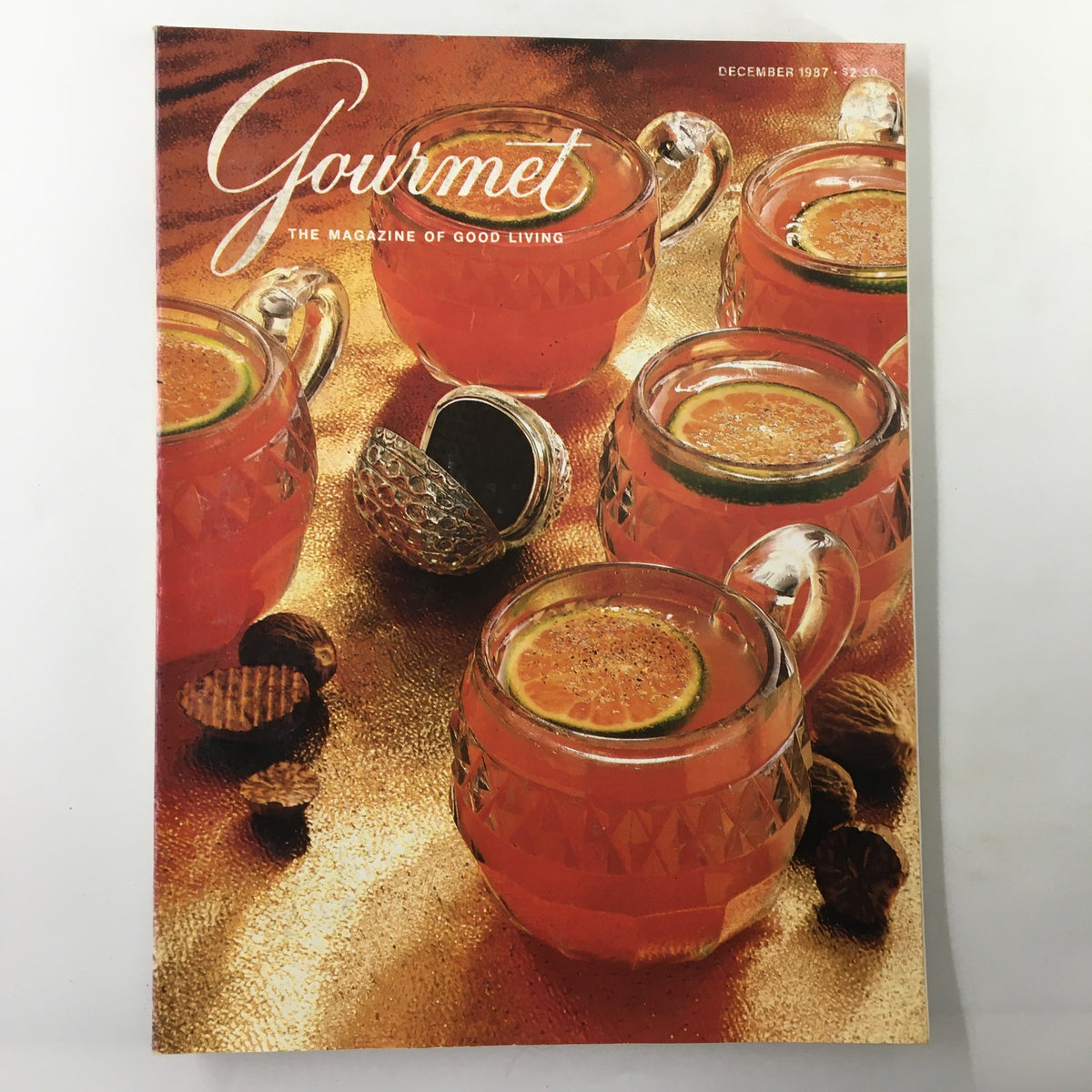 VTG Gourmet Magazine December 1987 cover featuring festive holiday drinks and decorations, showcasing a Swiss Christmas Tree Shop.