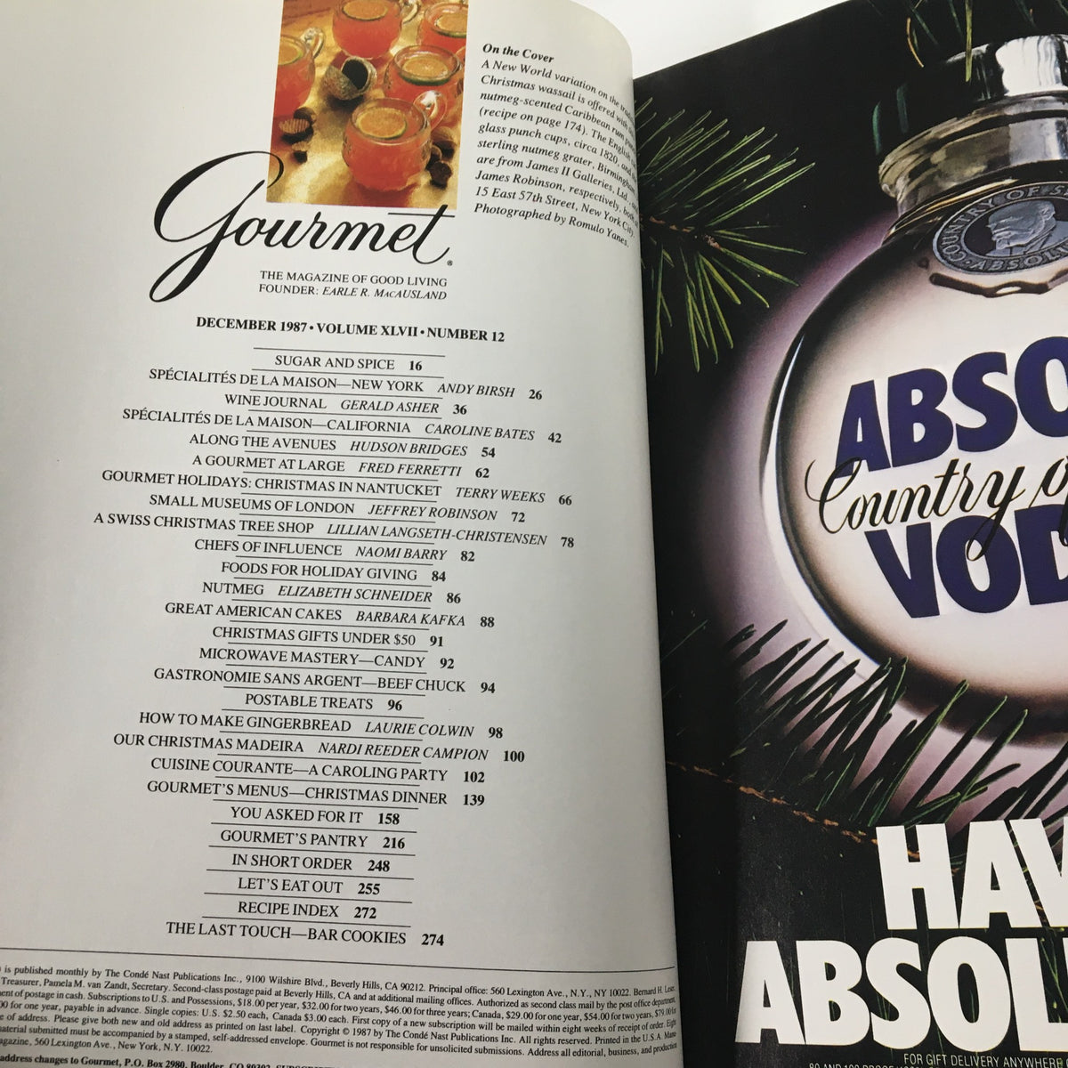 Inside page of VTG Gourmet Magazine December 1987 displaying the table of contents with articles about festive recipes and holiday traditions.