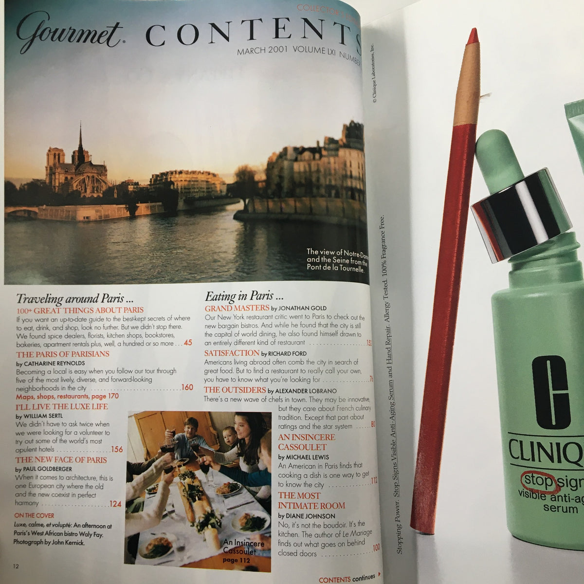 Interior page of Gourmet Magazine March 2001, displaying the table of contents with a view of the Seine and iconic Notre Dame.