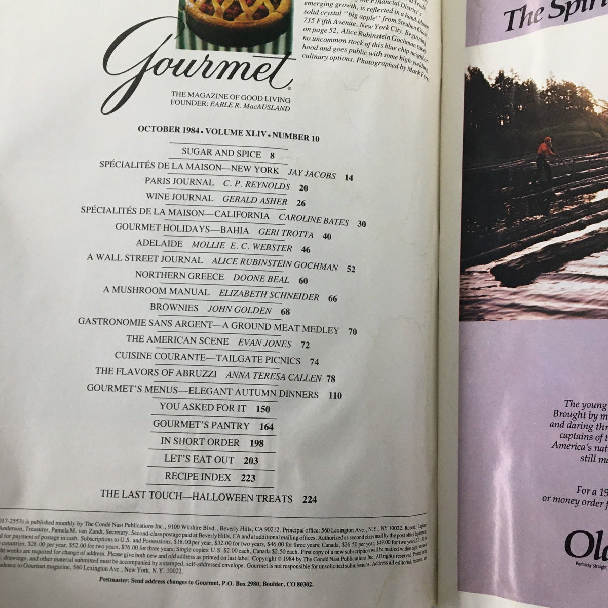 Interior page of Gourmet Magazine October 1984 showcasing the table of contents with various culinary topics and features.