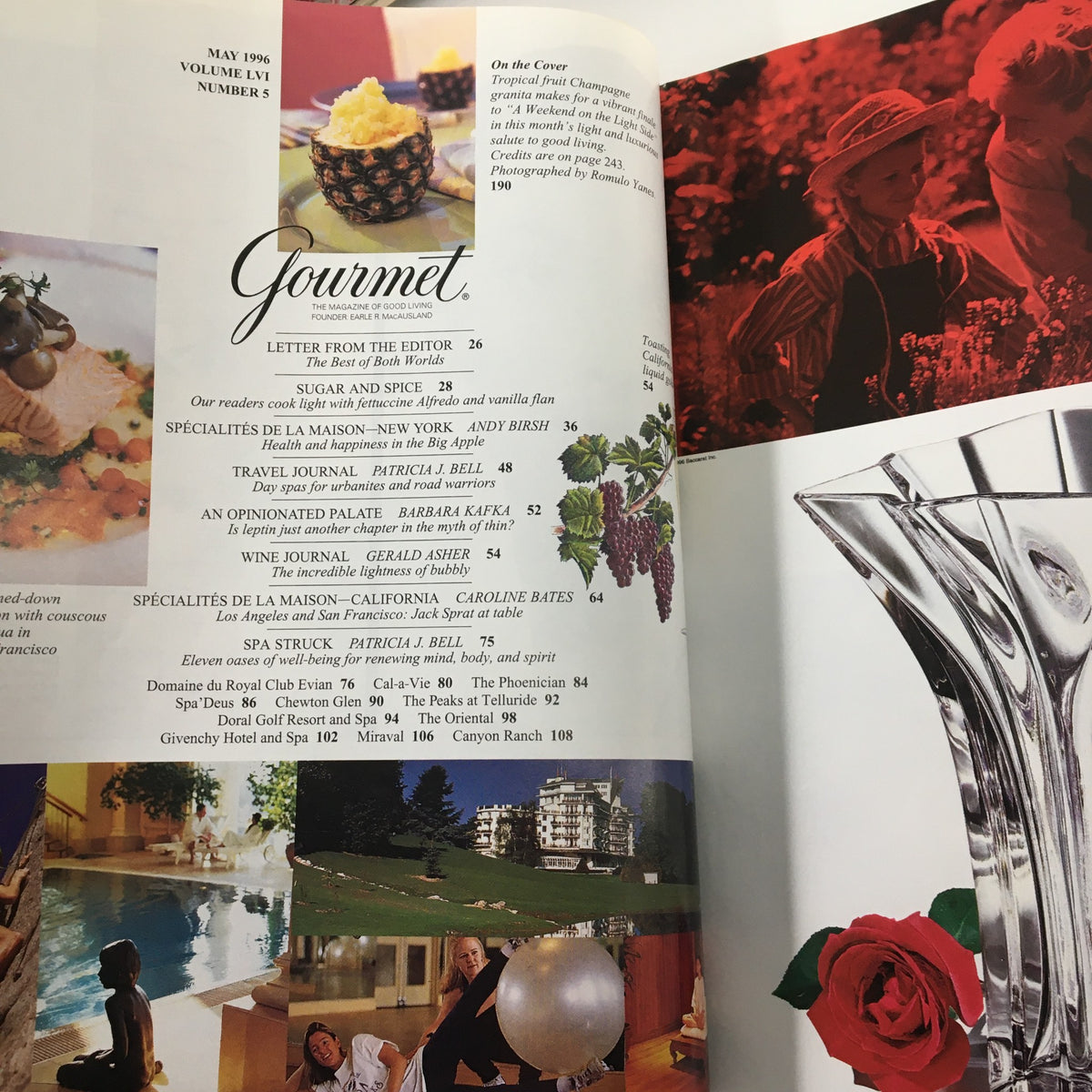 Interior page of Gourmet Magazine May 1996 displaying the table of contents, highlighting articles including Tropical Fruit Champagne Granita and various culinary features.