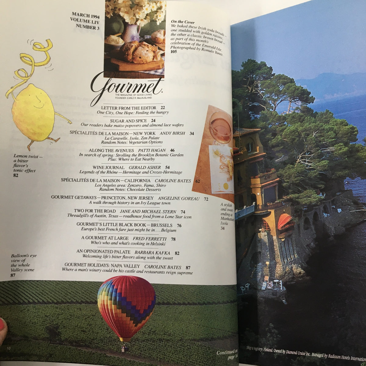 Cover page of Gourmet Magazine March 1994 showcasing the table of contents, featuring articles like "Two for the Road" by Jean and Michael Stern, with colorful illustrations and images of food and travel destinations.