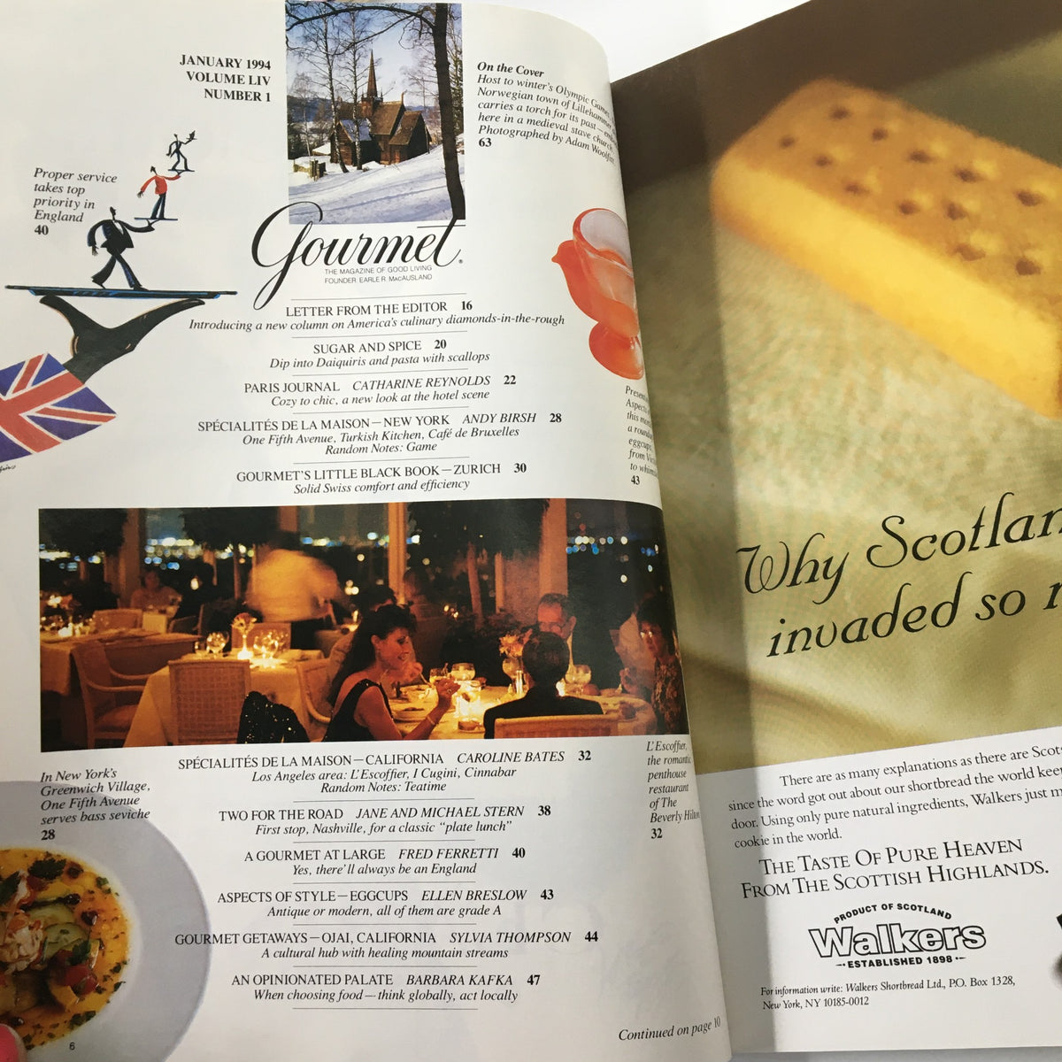 Inside page of Gourmet Magazine January 1994 displaying articles and content overview, including a feature on Lillehammer, Norway.
