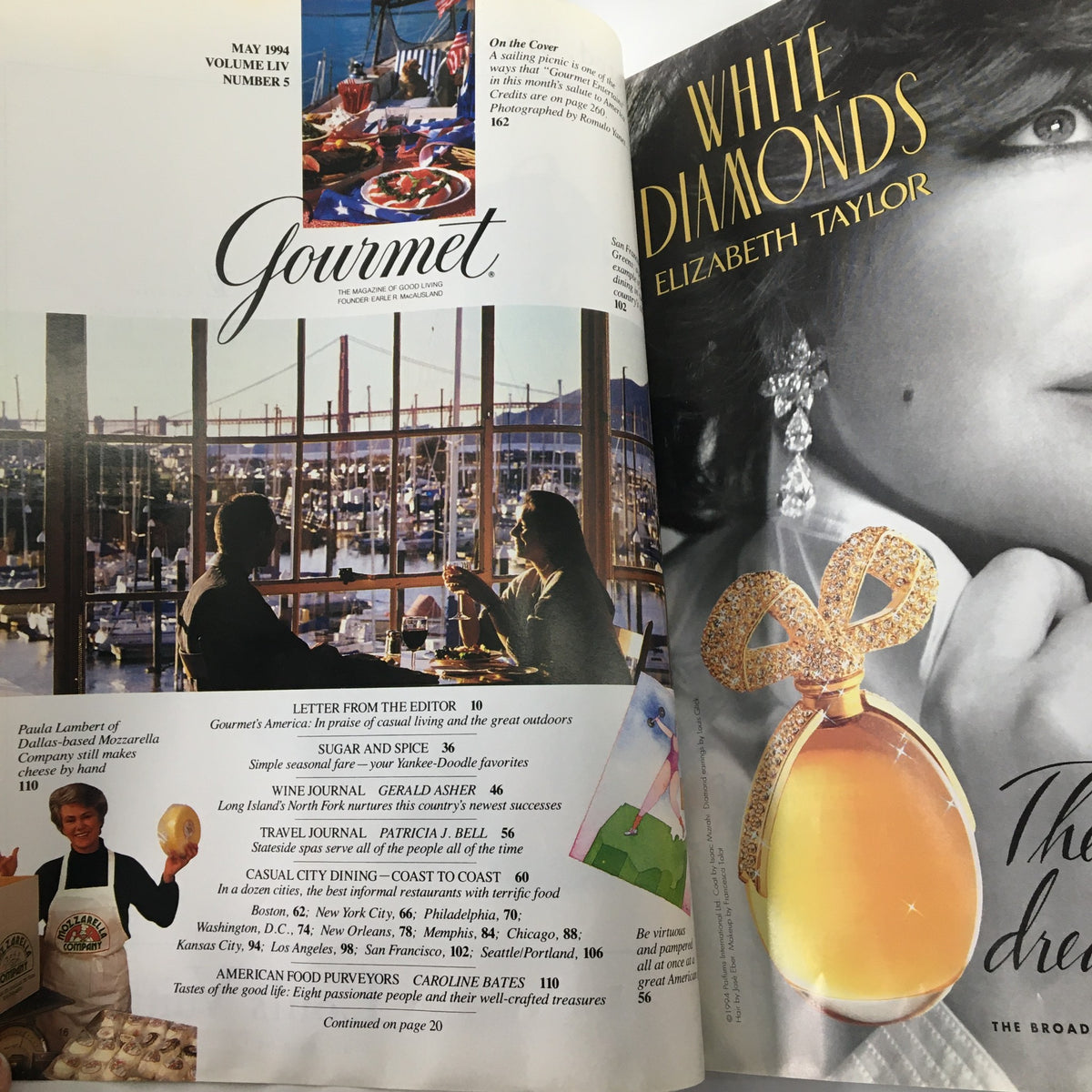 Gourmet Magazine May 1994 Wine Journal cover page showcasing a beautiful dining view from a marina, with articles highlighted and featuring Elizabeth Taylor's fragrance advertisement.
