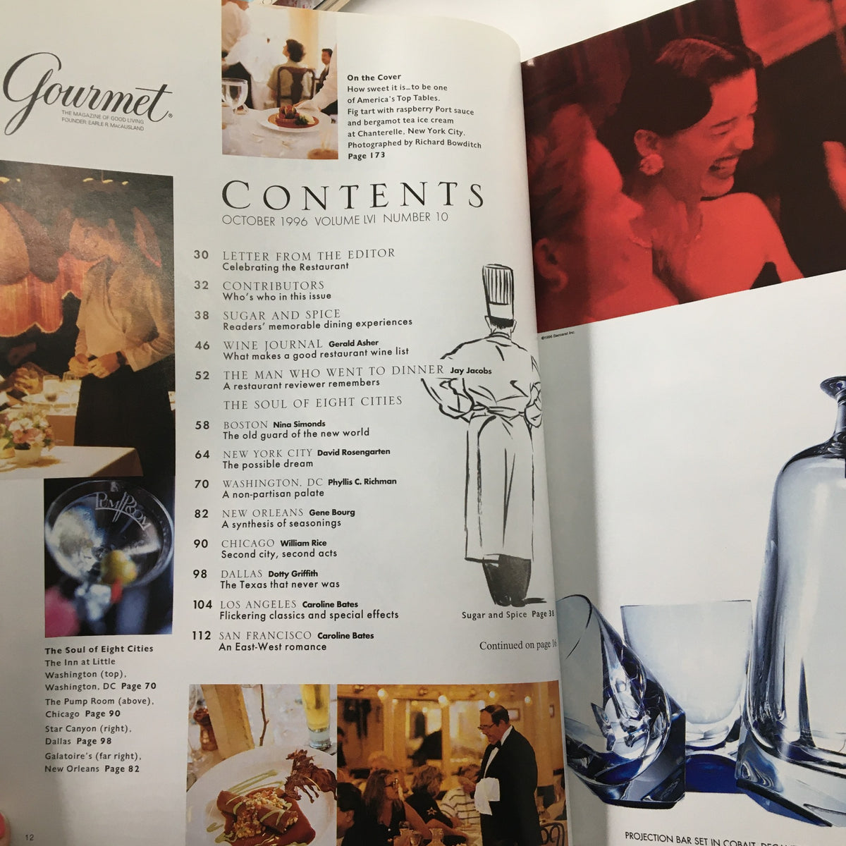 Contents page of Gourmet Magazine October 1996, featuring the article 'The Man Who Went To Dinner' along with other culinary topics, emphasizing the magazine's commitment to gourmet experiences.