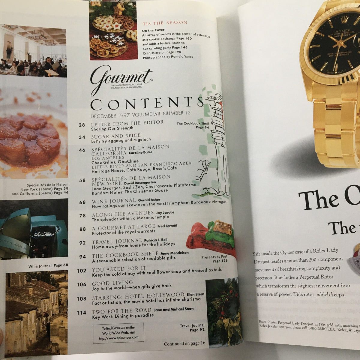 Contents page from Gourmet Magazine December 1997, highlighting various articles including those on Key West Dining in Paradise and festive recipes, illustrating the culinary diversity featured in the issue.