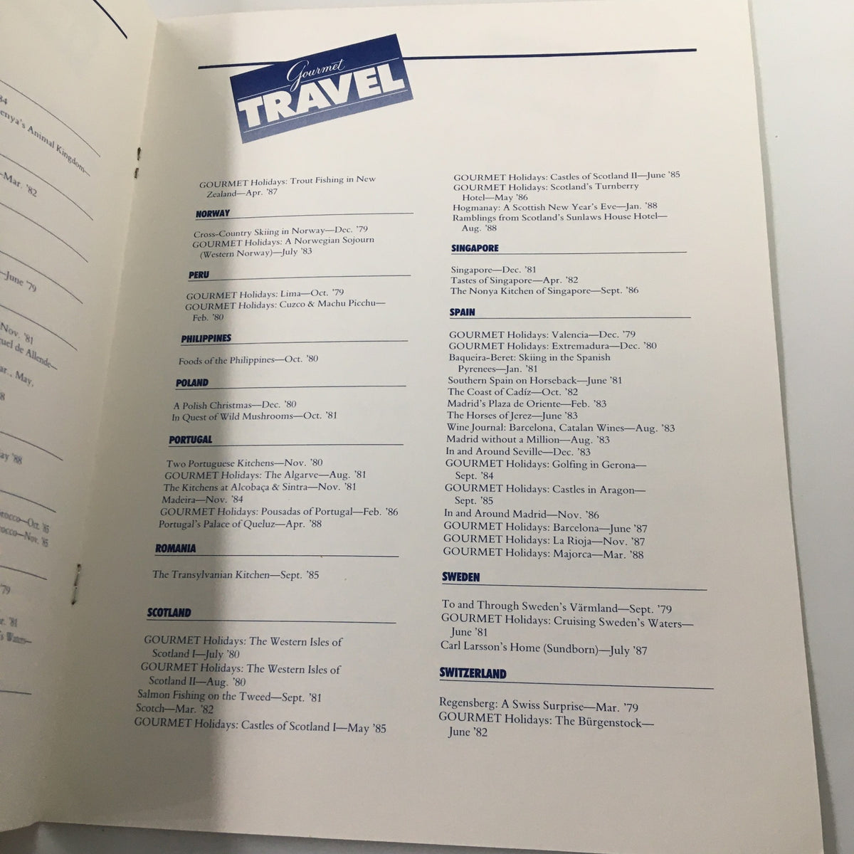 Continuation of the editorial index from Gourmet Travel Magazine, showcasing various international travel articles and gourmet holiday options from 1979 to 1988.