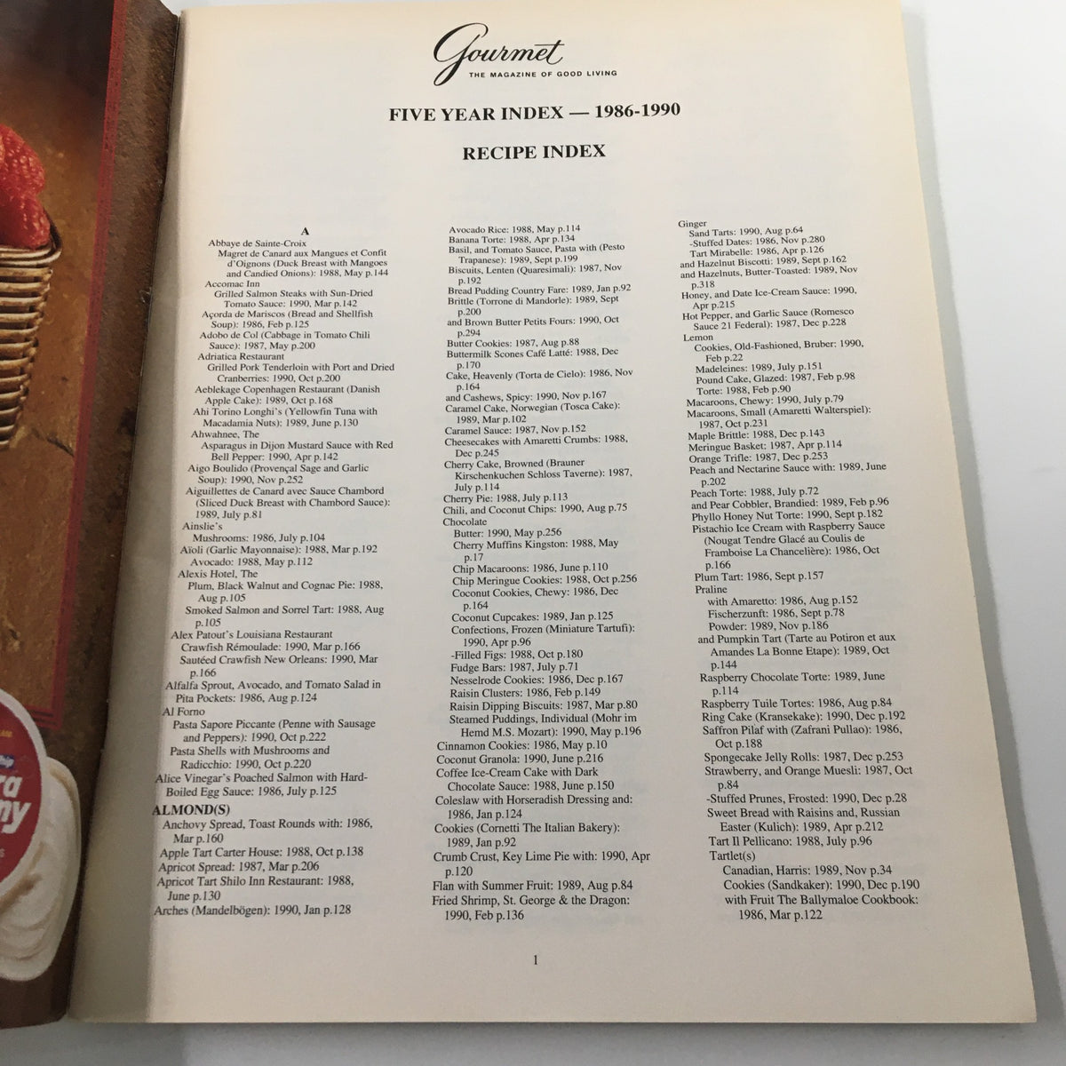 Interior page of Gourmet Magazine A Five Year Index of Editorial From 1986-1990 showcasing the Recipe Index.