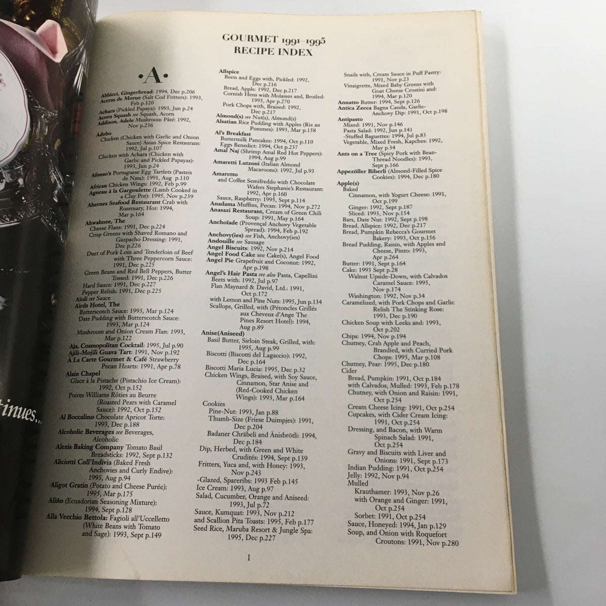 Interior page of Gourmet Magazine A Five Year Index of Editorial From 1991-1995, displaying a detailed recipe index, showcasing various culinary creations.