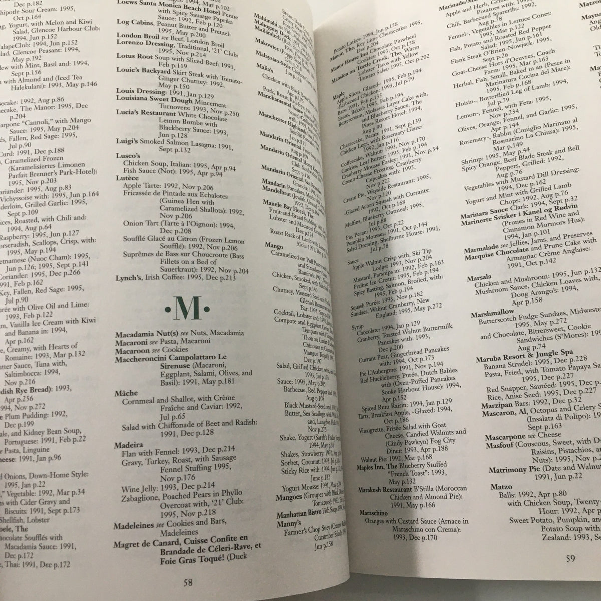 Interior view of the Gourmet Magazine A Five Year Index of Editorial From 1991-1995 showing various indexed articles and recipes, showcasing culinary content from the 90s.