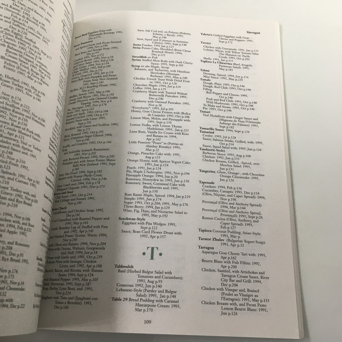 Another interior view of the Gourmet Magazine A Five Year Index of Editorial From 1991-1995 featuring listings of gourmet recipes and culinary references from the magazine's archives.