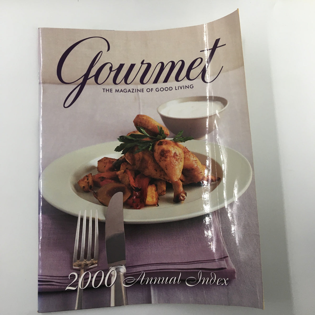 Cover of Gourmet Magazine January-December 2000 Annual Recipe Index featuring roasted chicken and vegetables on a plate with fork and knife.