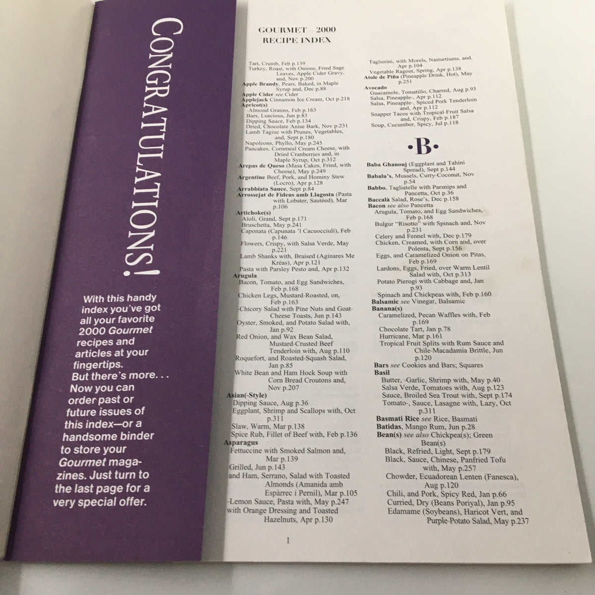 Inside page of Gourmet Magazine January-December 2000 Annual Recipe Index displaying the recipe index with the title 'Congratulations' and a list of recipes.