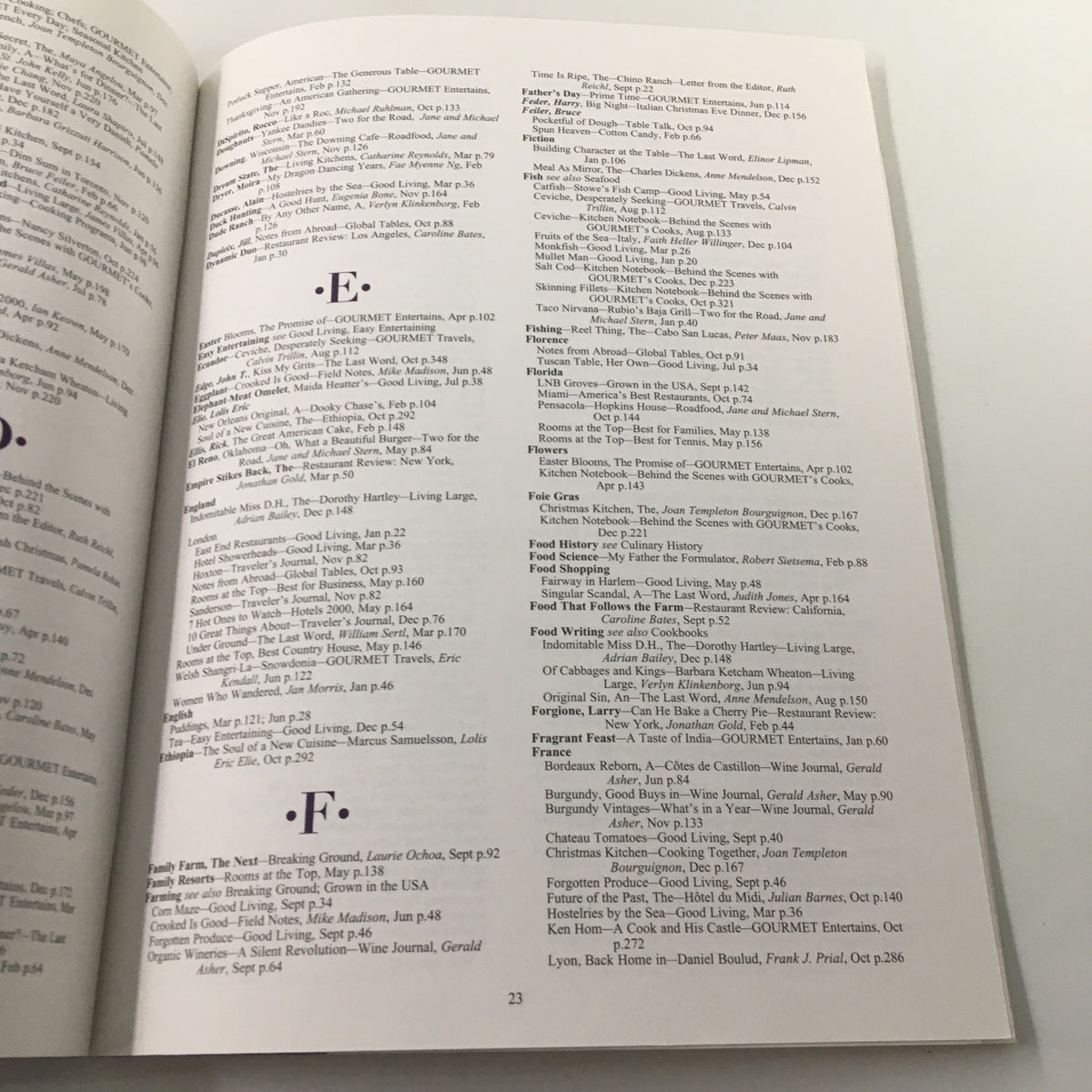 Gourmet Magazine January-December 2000 Annual Recipe Index page displaying recipes starting with the letter E, highlighting various gourmet dishes and preparation details.