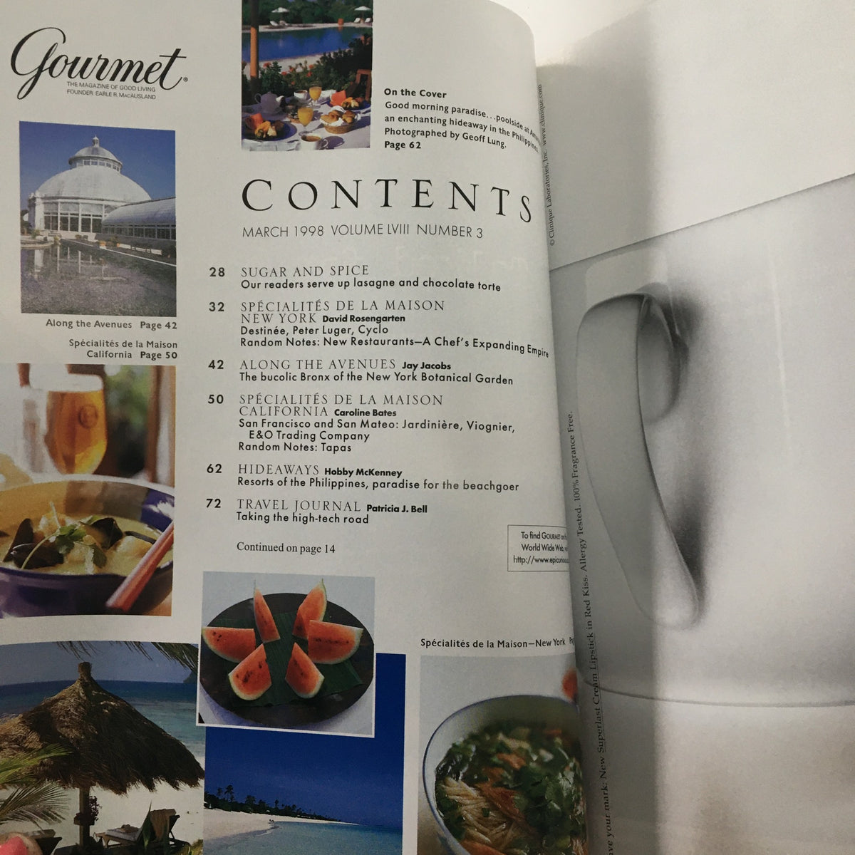 Contents page of Gourmet Magazine March 1998, showcasing various articles including Hideaway Resorts of the Philippines.