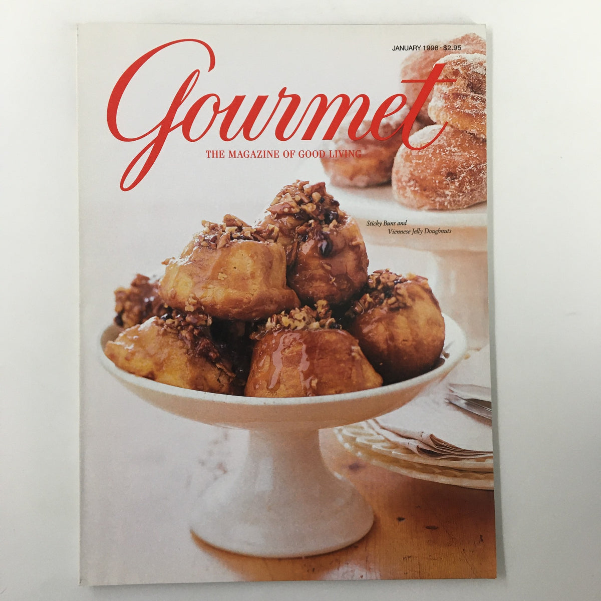 Gourmet Magazine January 1998 cover featuring sticky buns and Viennese jelly doughnuts. Title: Gourmet Magazine January 1998 Beyond Sand Surf Custom and Cuisine No Label VG.