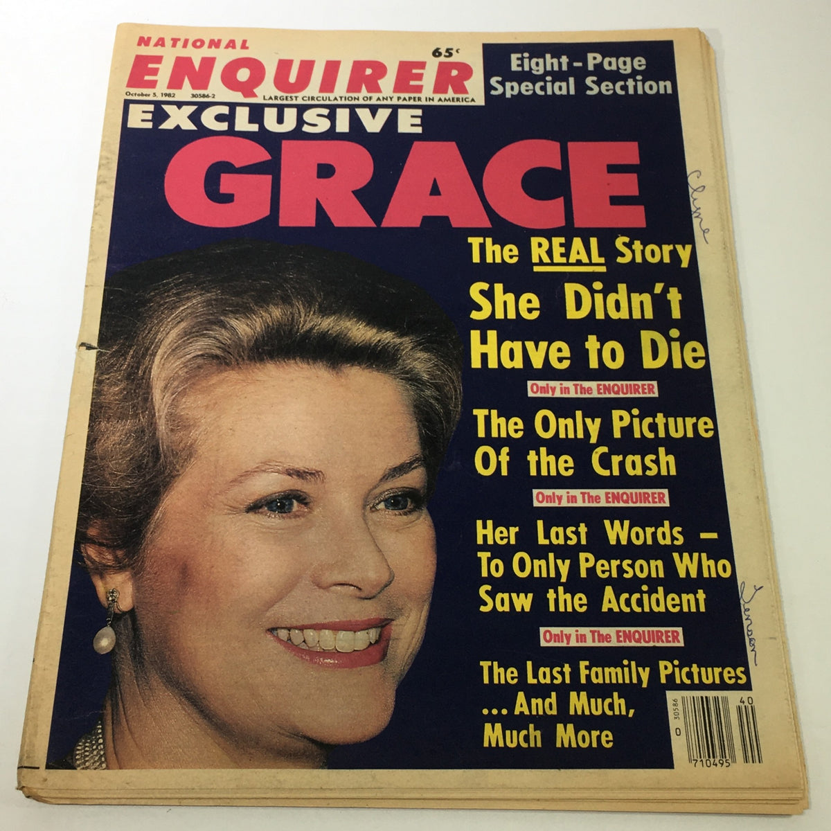 Cover of the National Enquirer Magazine dated October 5, 1982, featuring an exclusive story on Princess Grace, highlighted with bold titles about her life and a photo of her smiling.