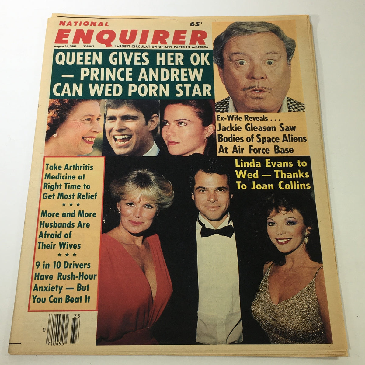 National Enquirer Magazine from August 16, 1983, featuring Queen Elizabeth II and Prince Andrew on the cover. The magazine includes sensational headlines and images showcasing notable figures from that era, making it a collectible item for vintage magazine enthusiasts.