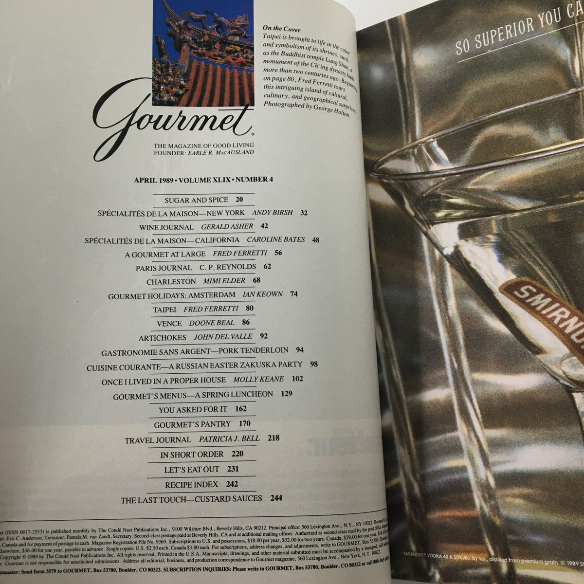 Interior page of VTG Gourmet Magazine April 1989 displaying the table of contents, highlighting articles like 'Cuisine Courante - A Russian Easter Zakuska Party'.