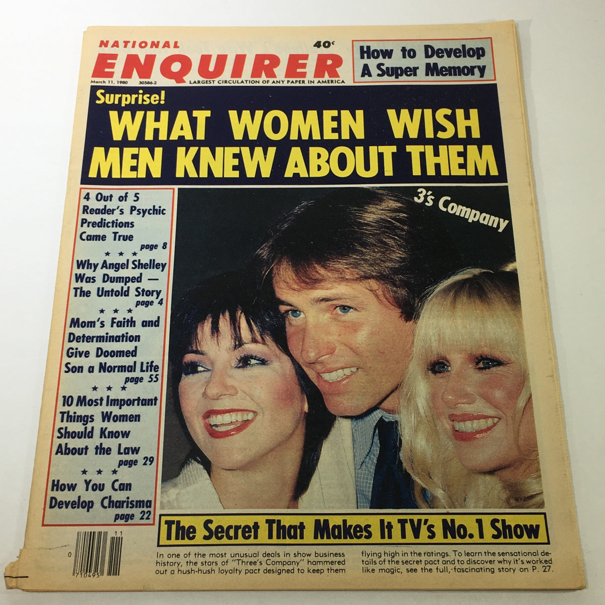 Vintage National Enquirer magazine from March 11, 1980, featuring content about Angel Shelley and 3's Company, showcasing the magazine's cover with bold headlines and images of celebrities.