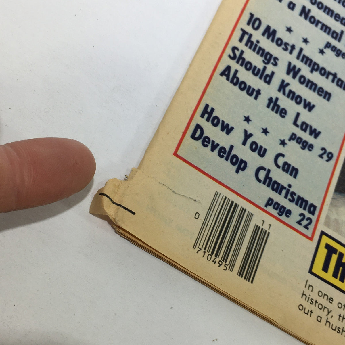 Back cover detail of the National Enquirer magazine March 11, 1980, highlighting corner wear and showing the barcode and headlines related to women's issues and personal development.