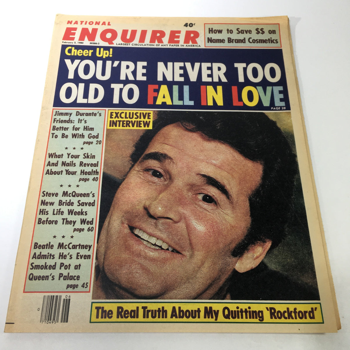National Enquirer magazine cover from February 3, 1980, featuring Jimmy Durante and Steve McQueen, with the headline 'You’re Never Too Old to Fall in Love' and other engaging stories.