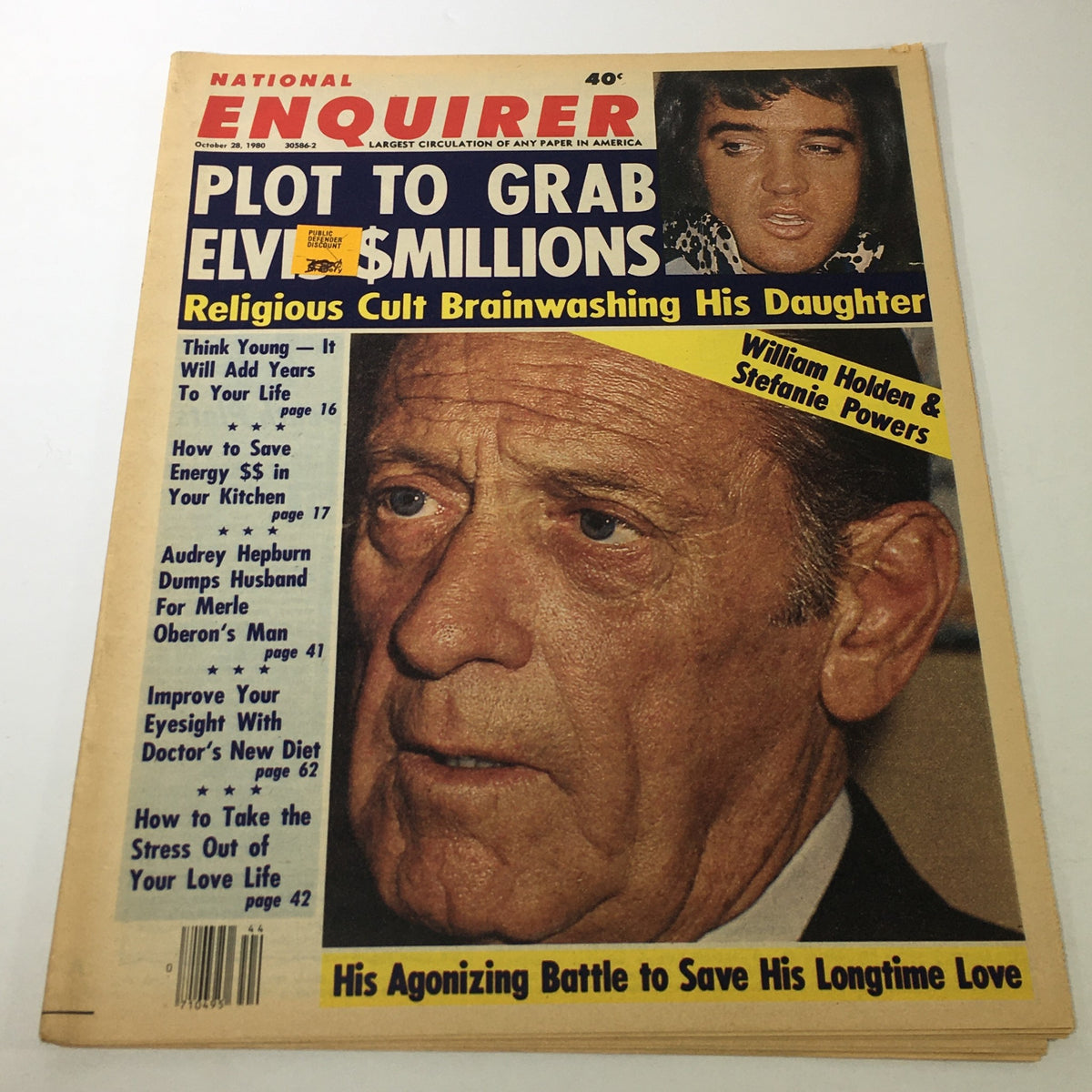 VTG National Enquirer Magazine from October 28, 1980, featuring a cover story about a plot to grab Elvis Presley's millions, with prominent images of William Holden and Stefanie Powers alongside headlines about celebrity news.