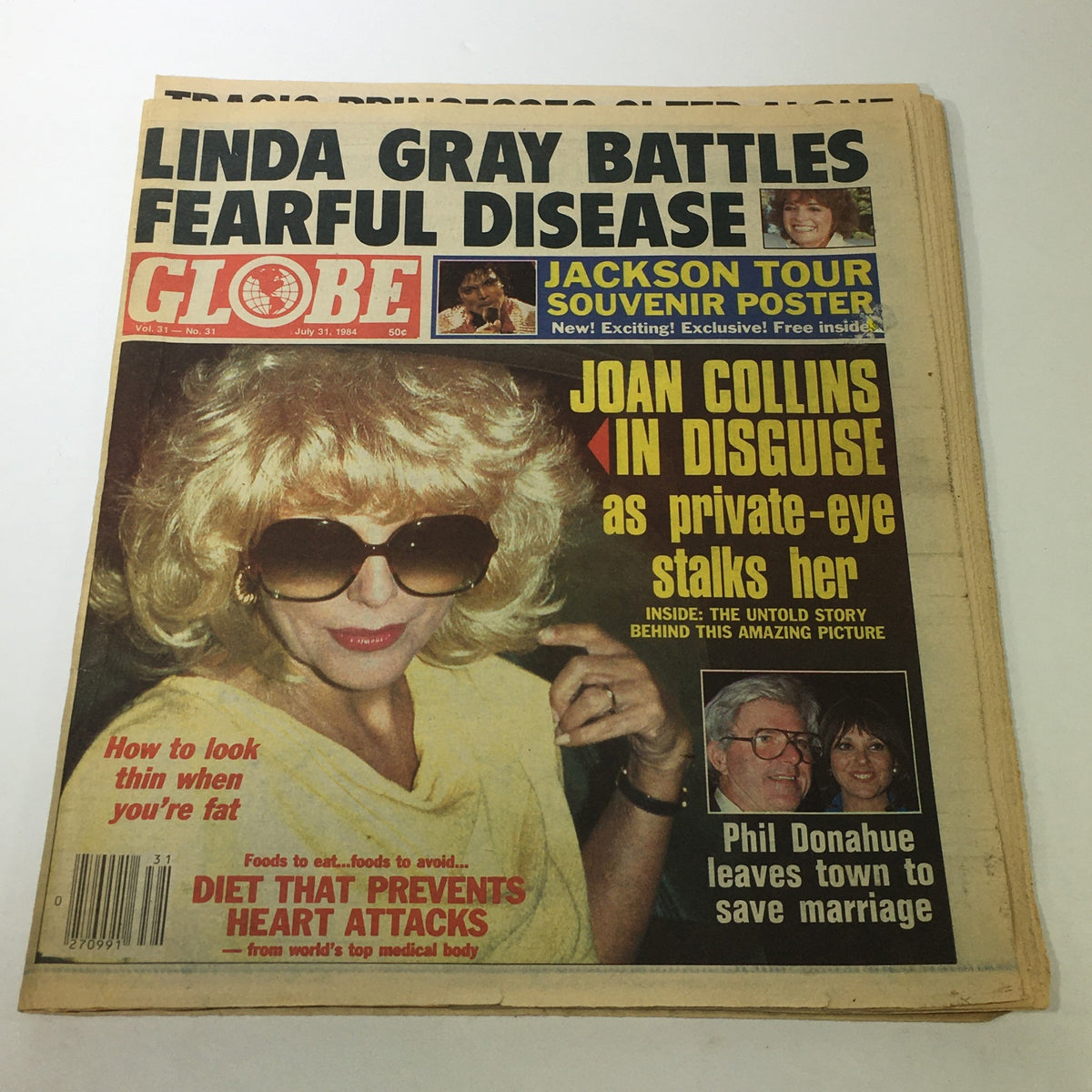 Cover of VTG Globe Magazine: July 31, 1984, Vol. 31 No. 31 showcasing themes including Joan Collins in disguise and a Michael Jackson tour poster.