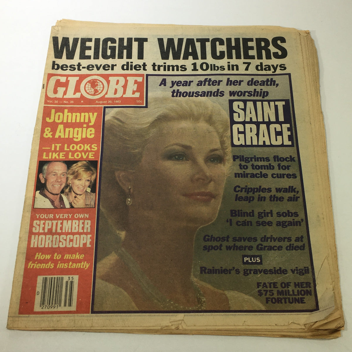 Cover of VTG Globe Magazine: August 30 1983 Vol. 30 No. 35 featuring Johnny Carson and Angie, with headlines on weight loss, horoscopes, and stories about miracles and personal fortunes.