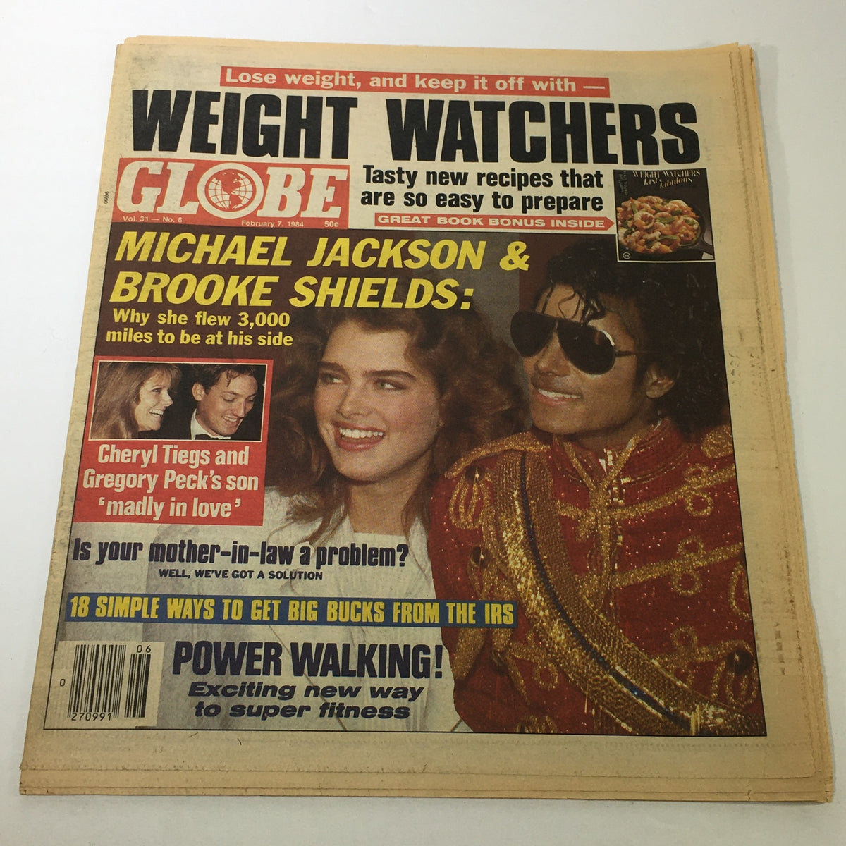 VTG Globe Magazine February 7 1984 Vol 31 No. 6 featuring Michael Jackson and Brooke Shields on the cover, highlighting pop culture of the 1980s.