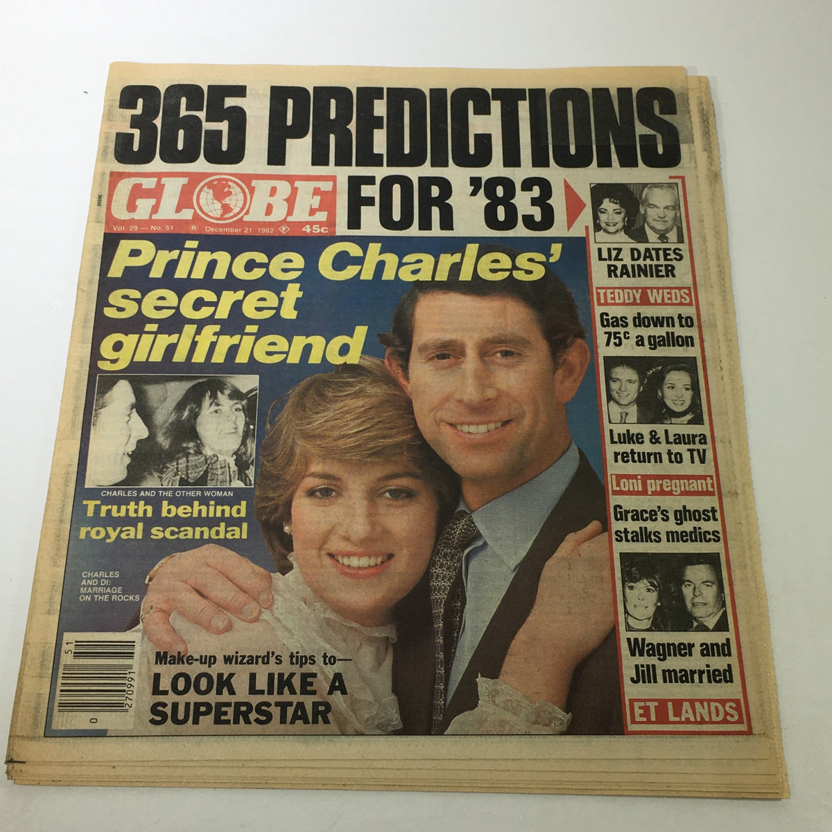 Cover of VTG Globe Magazine from December 21, 1982, Vol. 29 No. 51 featuring Prince Charles and Princess Diana, showcasing headlines about royal scandals and predictions for 1983.
