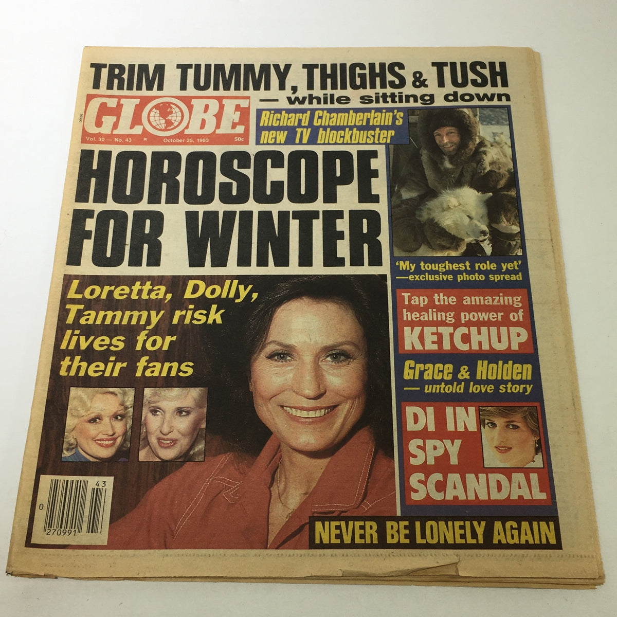 Cover of VTG Globe Magazine October 25, 1983, Volume 30, Issue 43 featuring Richard Chamberlain and Princess Di, with bold headlines and articles on winter horoscopes and celebrity news.
