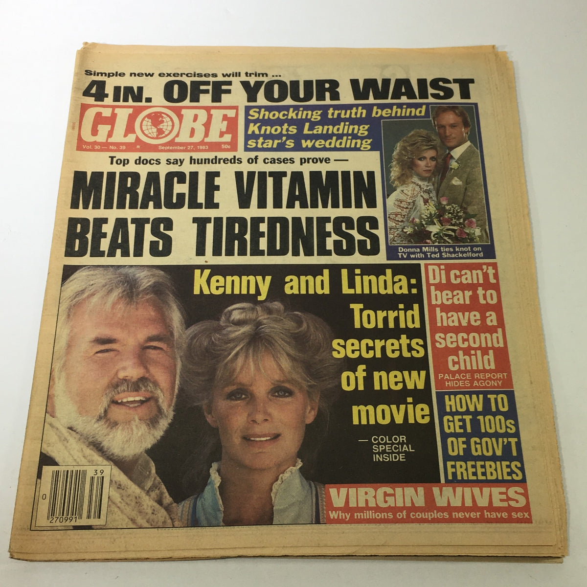Globe Magazine September 27, 1983, Vol. 30 #39 featuring a cover story on Kenny and Linda, and an article about Donna Mills' wedding, showcasing the vibrant tabloid style of the 1980s.