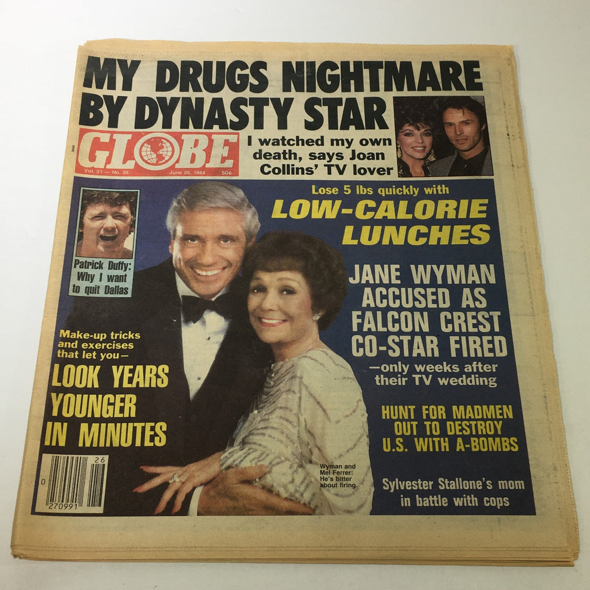 Cover of VTG Globe Magazine June 26 1984 Vol. 31 #26 featuring Jane Wyman and Joan Collins, highlighting articles on celebrity lifestyle and pop culture of the 1980s.
