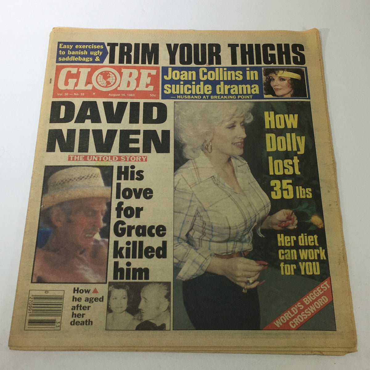 Cover of VTG Globe Magazine August 16 1983, Vol. 30 #33 featuring headlines about David Niven, Joan Collins, and weight loss tips, showcasing vintage celebrity news from the 1980s.