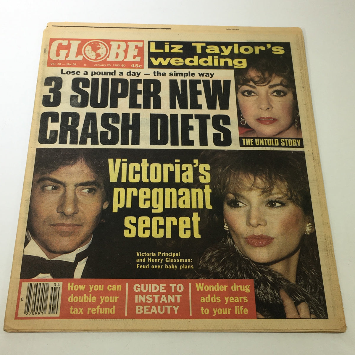 Cover of VTG Globe Magazine January 25, 1983, Vol. 30 #4 featuring Liz Taylor's wedding and Victoria Principal. Prominently displays text on popular diet tips and health secrets, reflecting early 1980s celebrity culture.