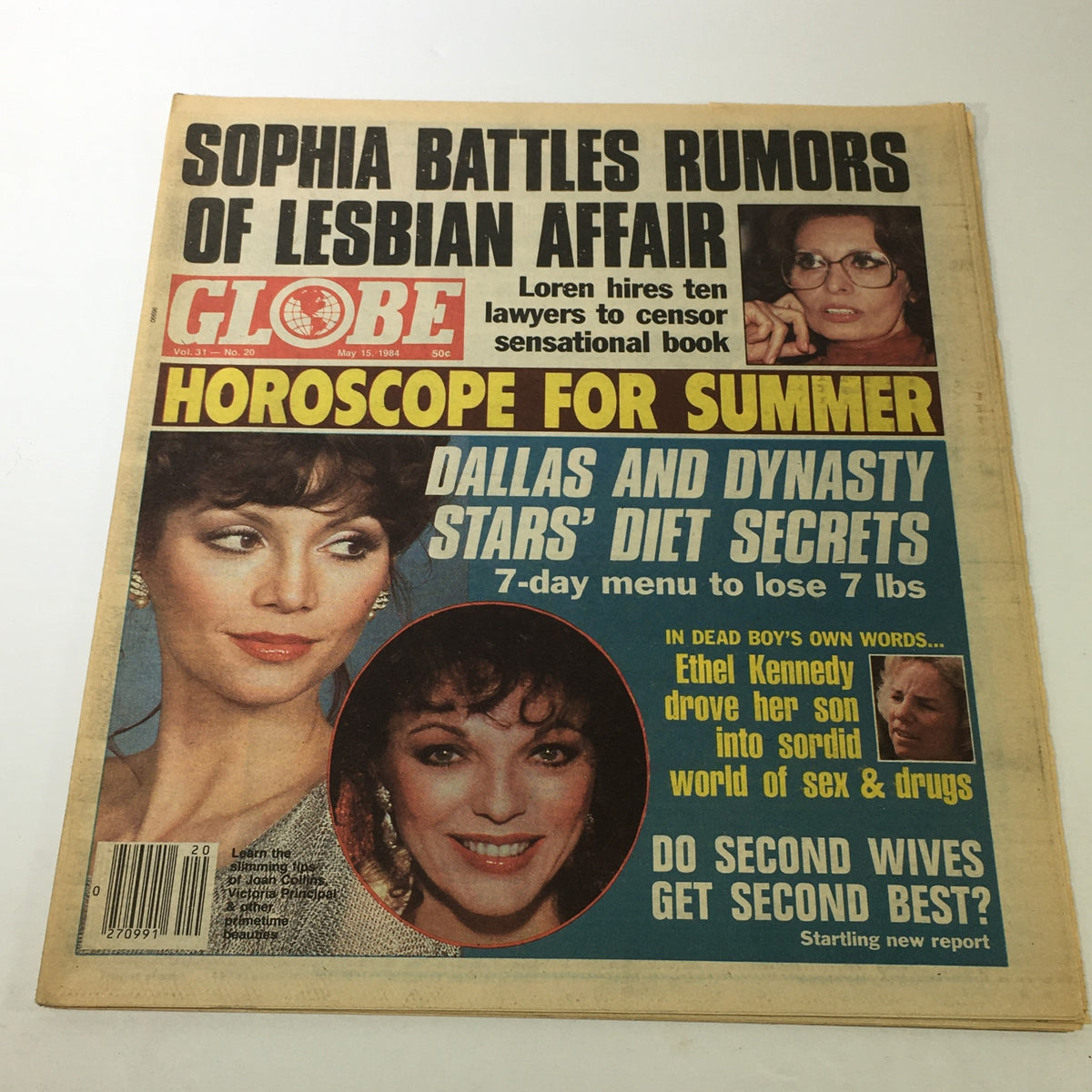 Cover of VTG Globe Magazine May 16 1984, Vol. 31 #20 featuring Joan Collins and Victoria Principal, highlighting articles on celebrity culture and health secrets from the 1980s.