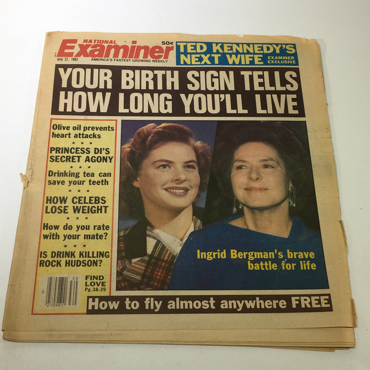 VTG National Examiner Magazine July 27 1982 featuring Ingrid Bergman and focus on Ted Kennedy's next wife with stories about secrets of Princess Diana, celebrity weight loss, and heart health tips.