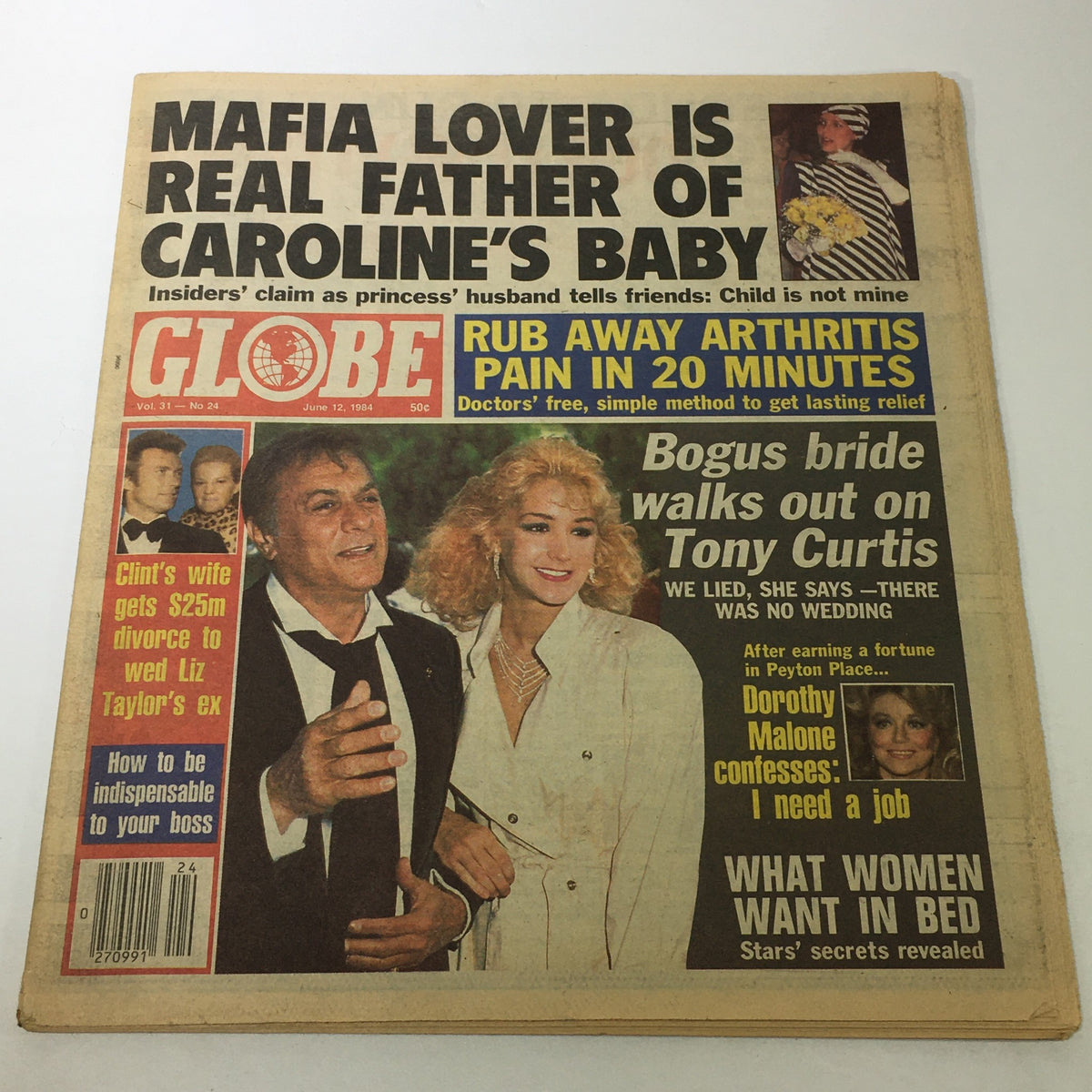 Cover of VTG Globe Magazine June 12 1984 Vol. 31 #24 featuring headlines about celebrity news, including Dorothy Malone and Liz Taylor, showcasing a vintage Hollywood aesthetic.