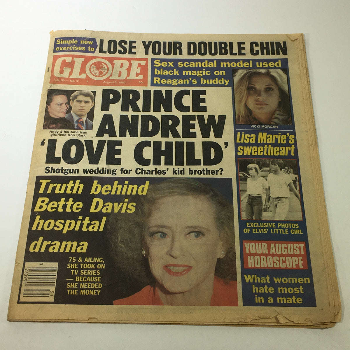 Cover of VTG Globe Magazine, August 2, 1983, Vol. 30 #31 featuring Vicki Morgan and Bette Davis. The cover includes headlines about Prince Andrew, love child, and a truth behind Bette Davis hospital drama.