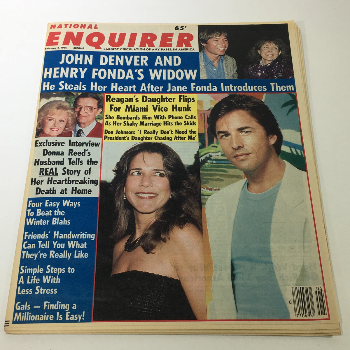 Vintage National Enquirer Magazine cover from February 4, 1986 featuring John Denver and Henry Fonda, highlighting stories about celebrities and pop culture from the 1980s.