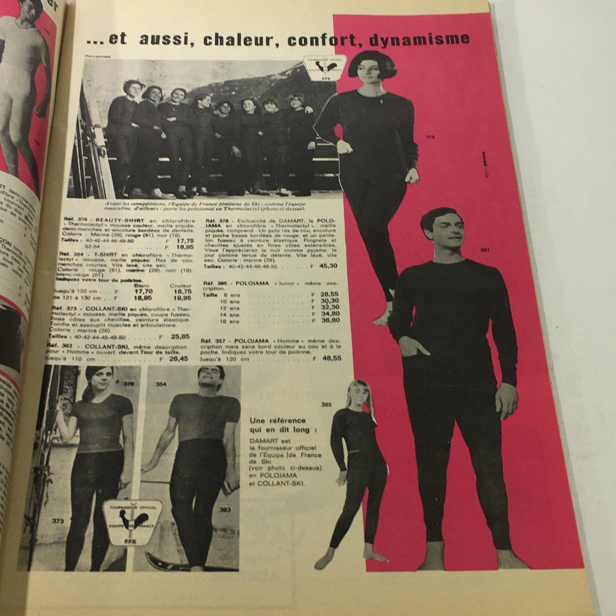 Inside page of the VTG Modes Travaui Catalog: October 1966, featuring fashion models in black outfits against a striking pink background showcasing style trends.