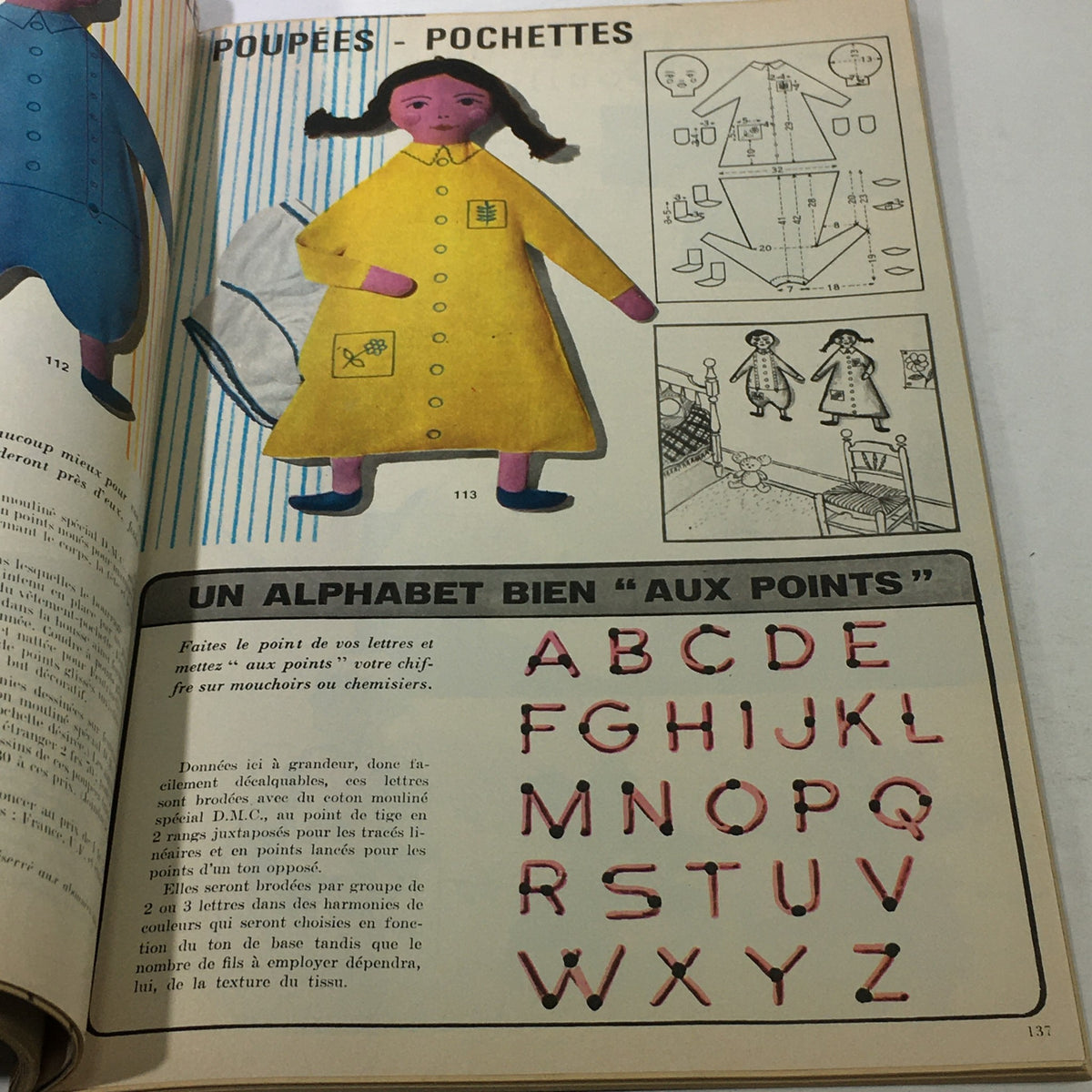 Inside illustration from the VTG Modes Travaui Catalog: October 1966, showing vibrant children's dolls and a colorful alphabet, reflecting playful design aesthetics.