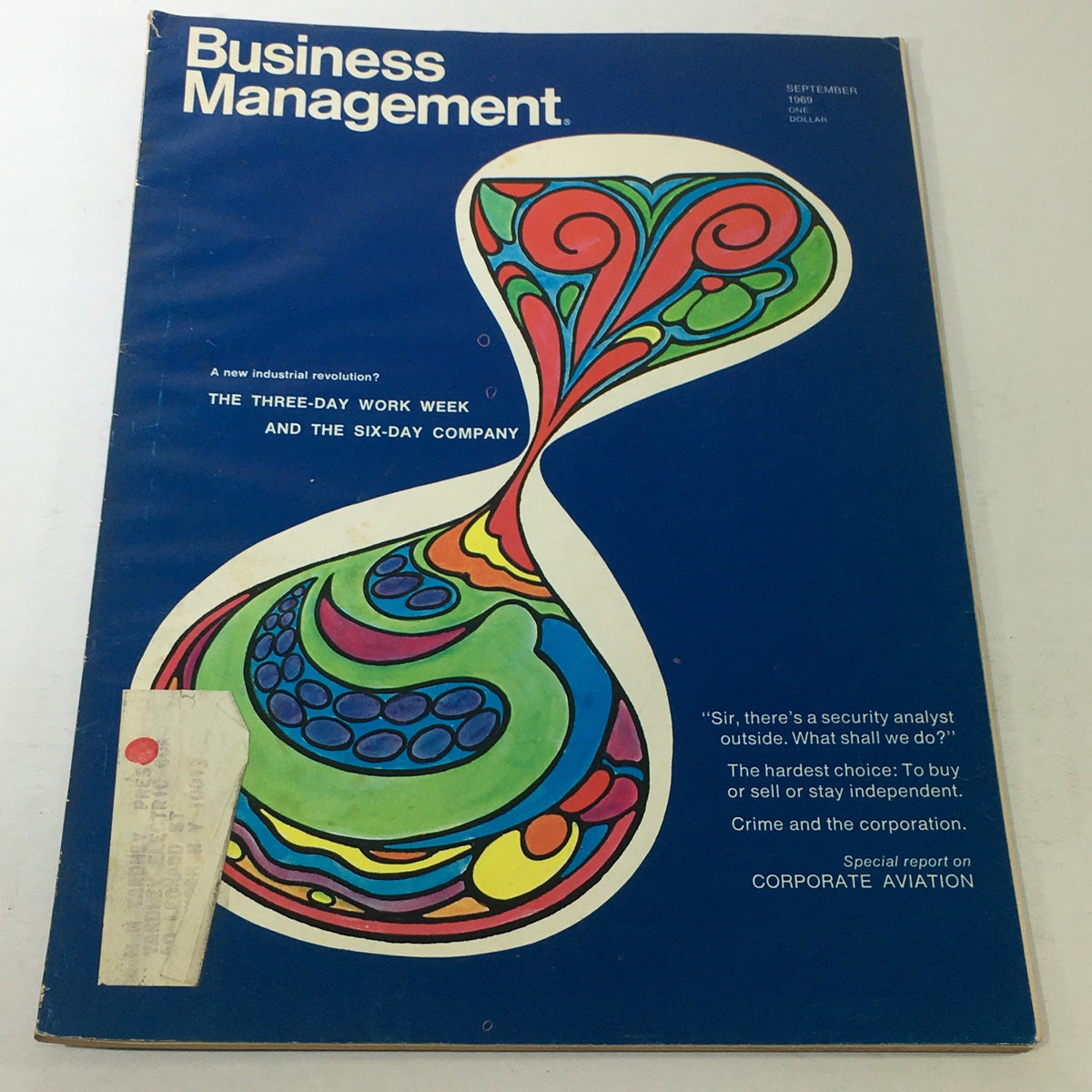 Cover of VTG Business Management Magazine from September 1969 featuring vibrant artwork and a title promoting corporate aviation and discussions on work week innovations.