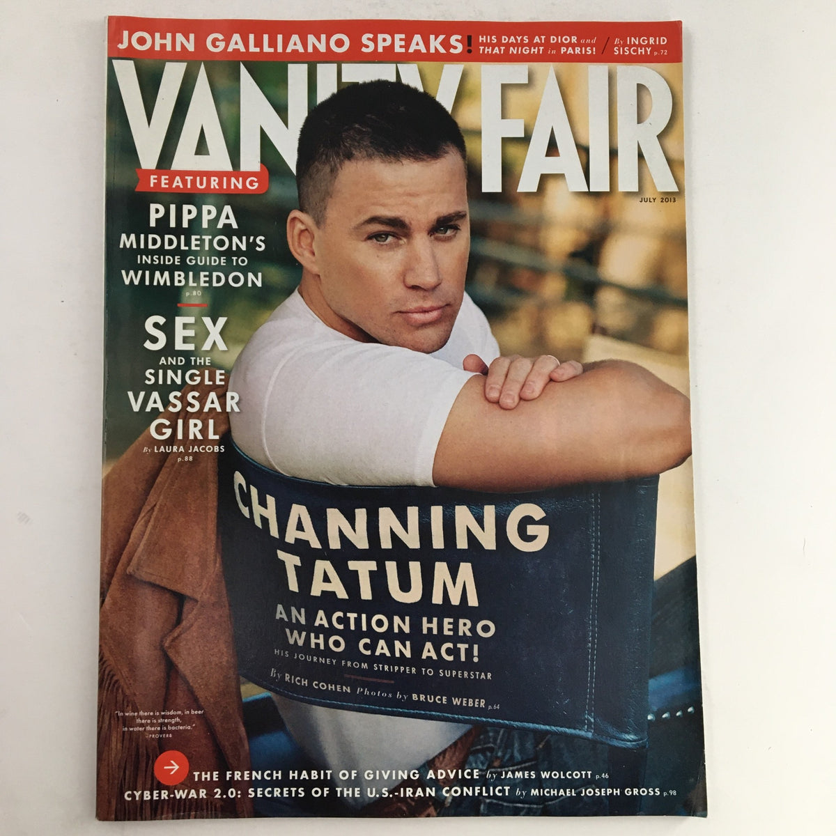 Cover of Vanity Fair Magazine July 2013 featuring Channing Tatum and Pippa Middleton, with headlines discussing Tatum as an action hero and insights into Middleton's Wimbledon experience.