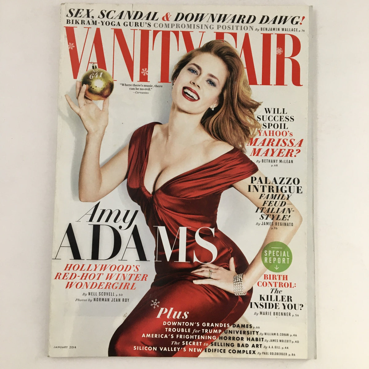 Vanity Fair January 2014 Issue featuring Amy Adams in a red dress, highlighting her glamorous look and the headline about Marissa Mayer, showcasing the intersection of Hollywood and technology.